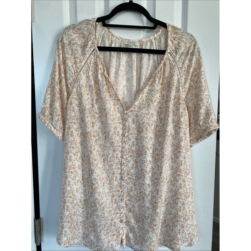 ANGELS-Forever Young Cream Pink & Tan Floral Button-Front Women's Top Sz Large - Picture 10 of 14
